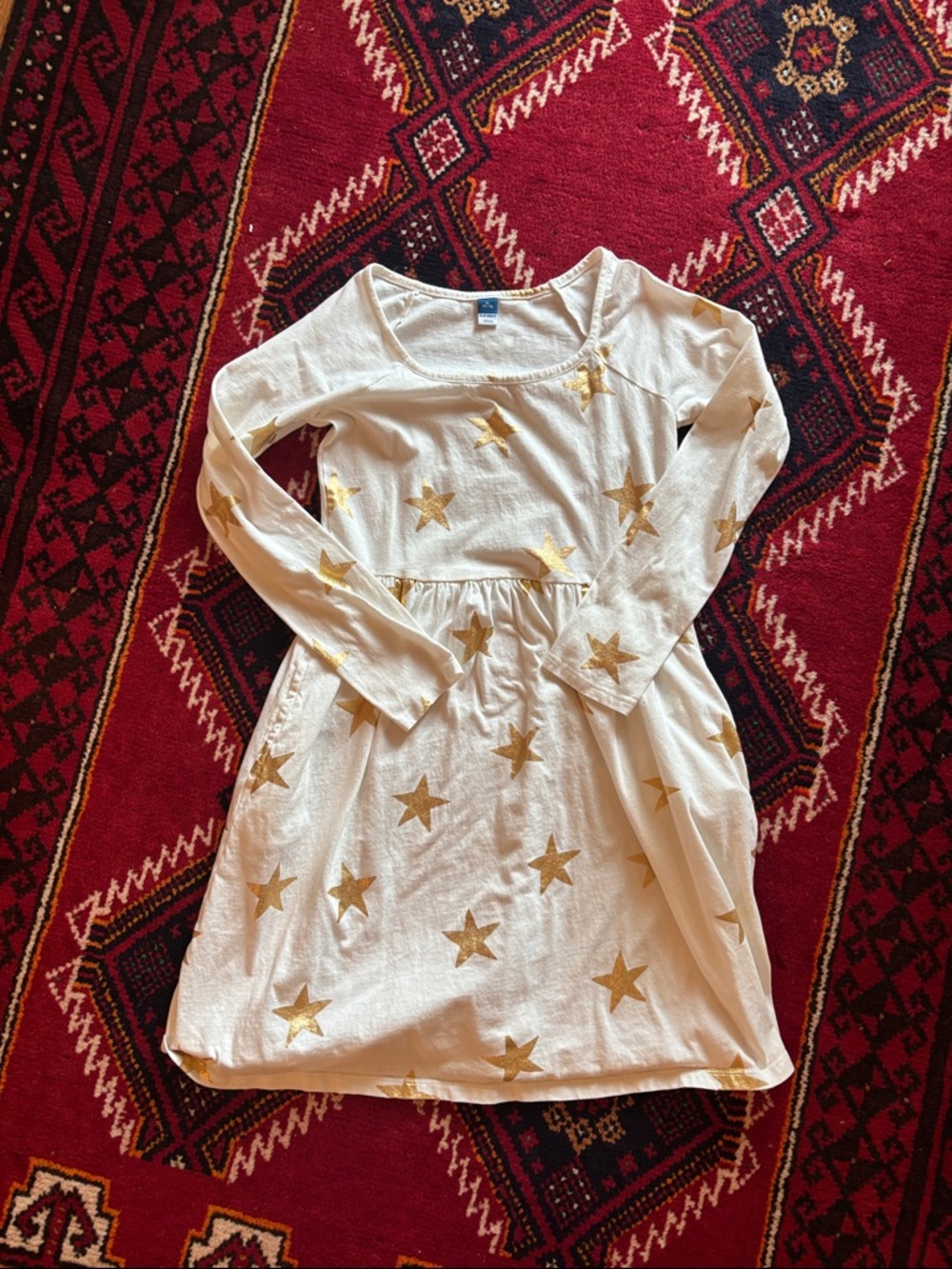 Old Navy Cream Long Sleeve Dress with Metallic Gold Star Print